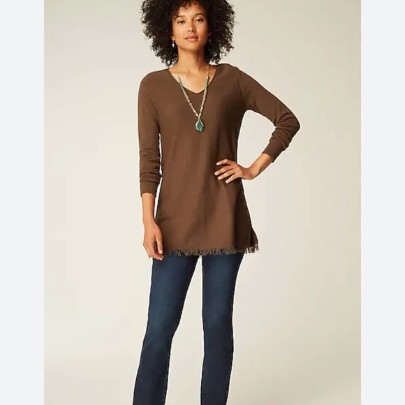 J Jill Fringe Tunic Sweater LP Chocolate Brown Boho Equestrian Western Old Money - Picture 2 of 12